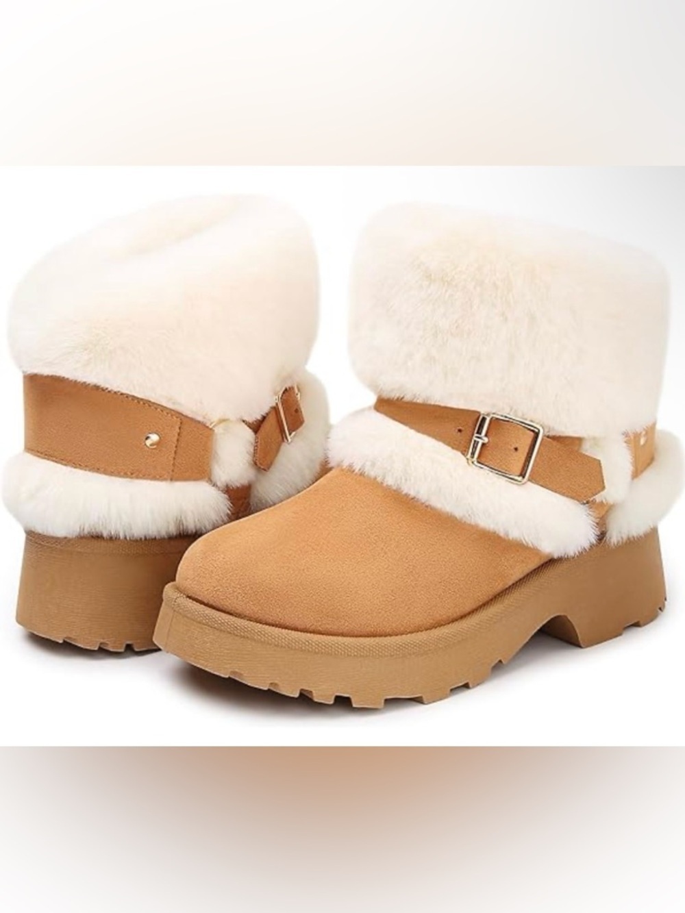Faux Fur Cuff Tan Winter Boots with Buckle